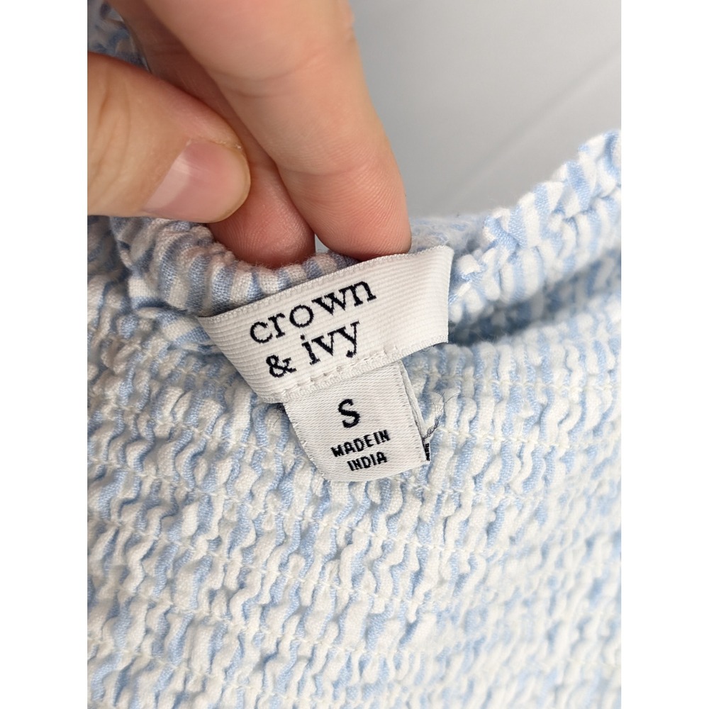 Seersucker 100% Cotton Lined Tiered Peasant Dress Sz S Blue Cottagecore Prairie - Picture 7 of 10